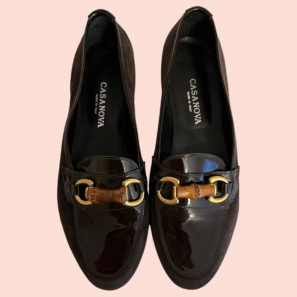 Casanova Black Patent Leather/Suede Horsebit Heeled Loafer 39.5(9)